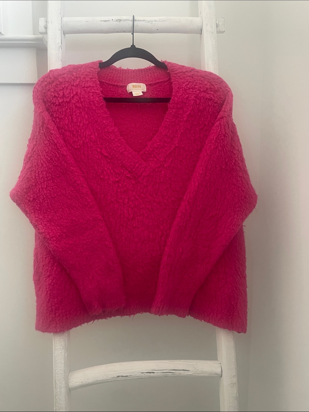 Maeve Fuzzy V-Neck Sweater in Hot Pink